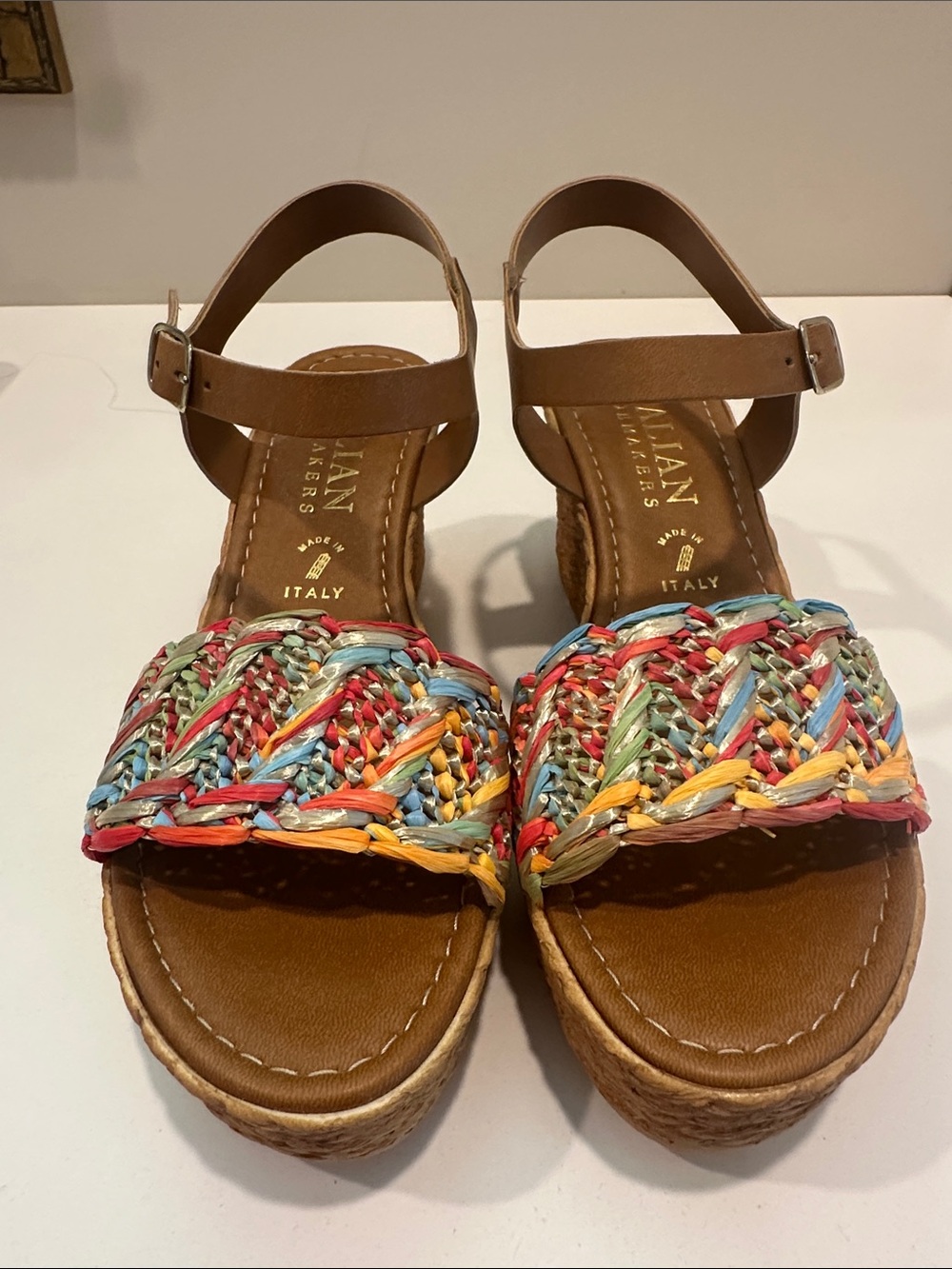Italian Shoemakers Multicolor Braided Front Strap Wedge Sandals - Brown